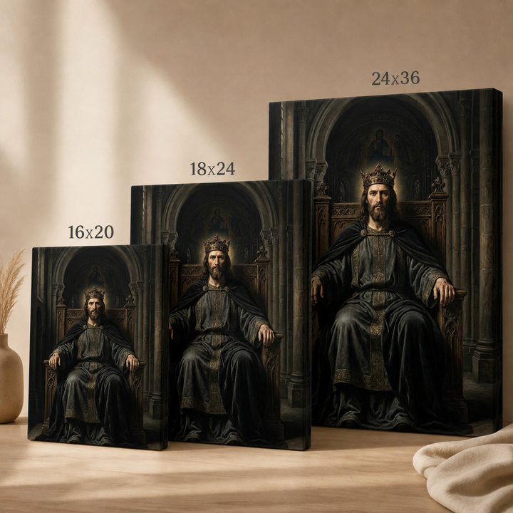 Three sizes of a canvas print featuring a king on a throne in a cathedral setting.