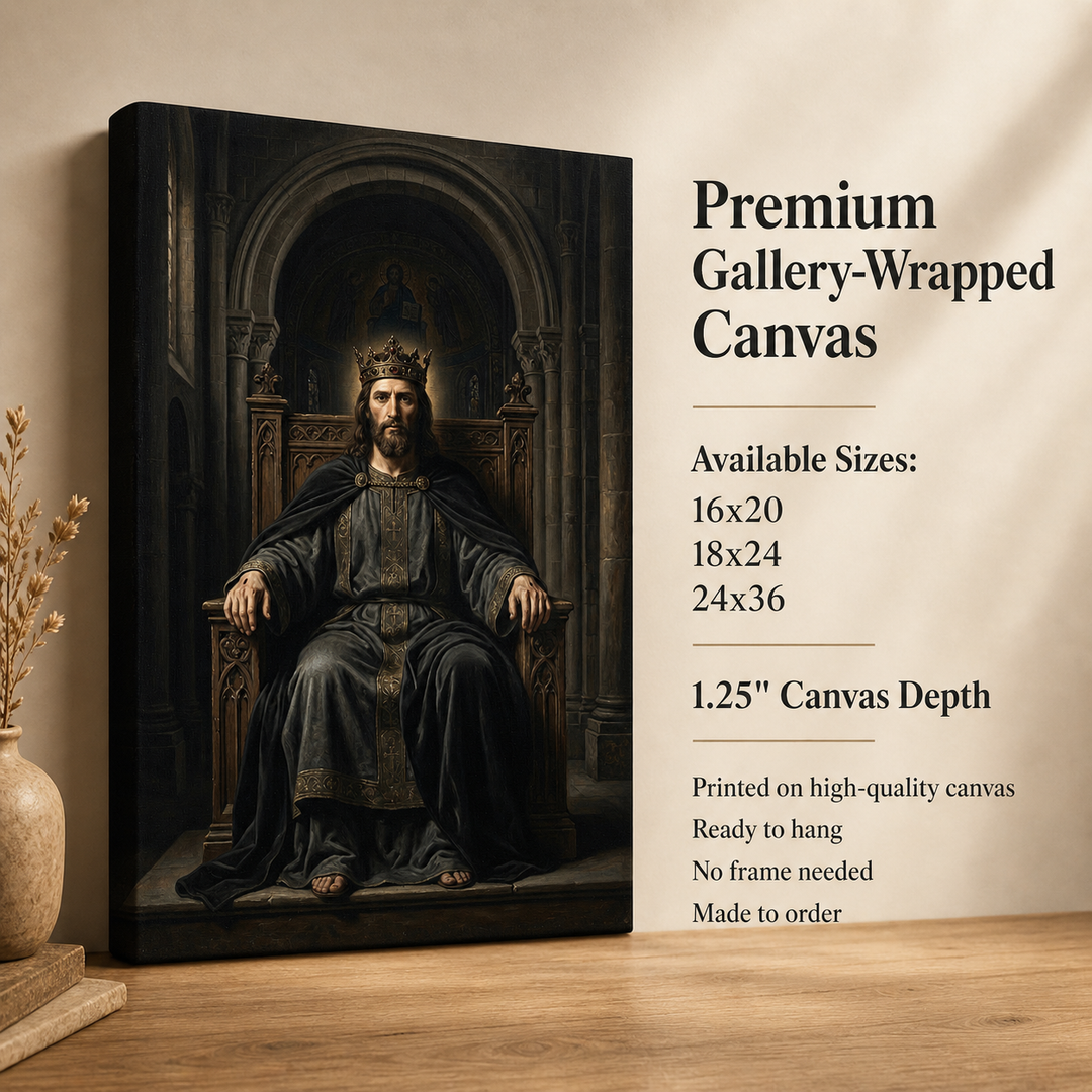 Canvas print of a king on a throne with product details on a wall.