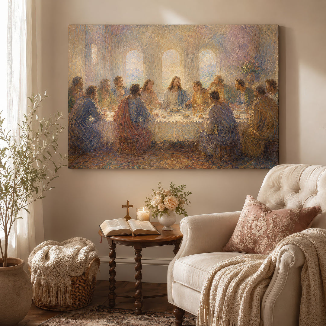 Last Supper Canvas Wall Art – Impressionist Jesus Religious Painting Stretched Canvas