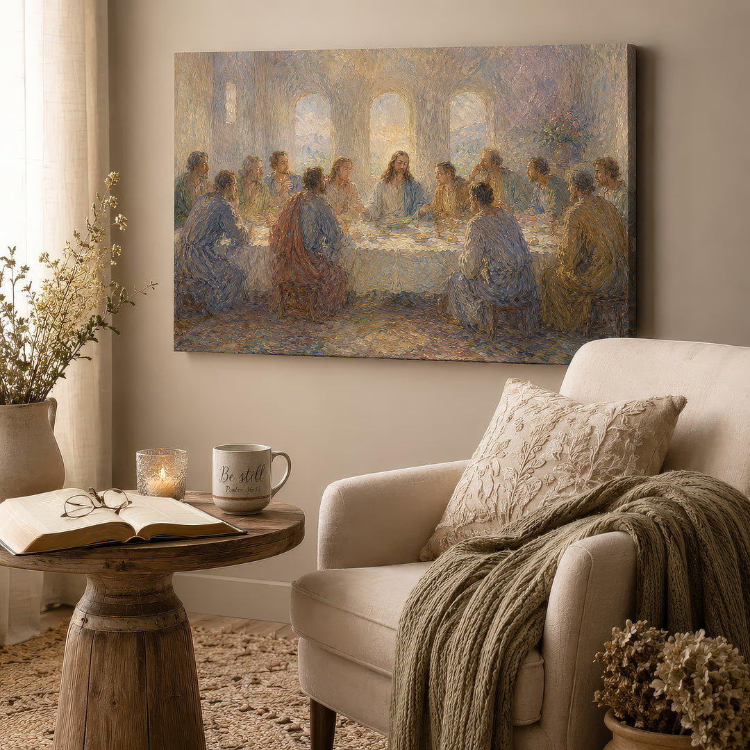 Last Supper Canvas Wall Art – Impressionist Jesus Religious Painting Stretched Canvas