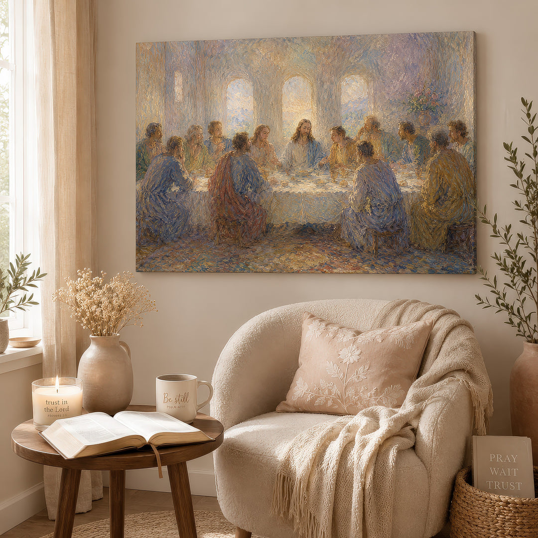 Last Supper Canvas Wall Art – Impressionist Jesus Religious Painting Stretched Canvas