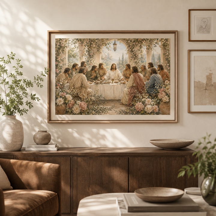 Botanical Last Supper framed print displayed in a warm neutral room setting.