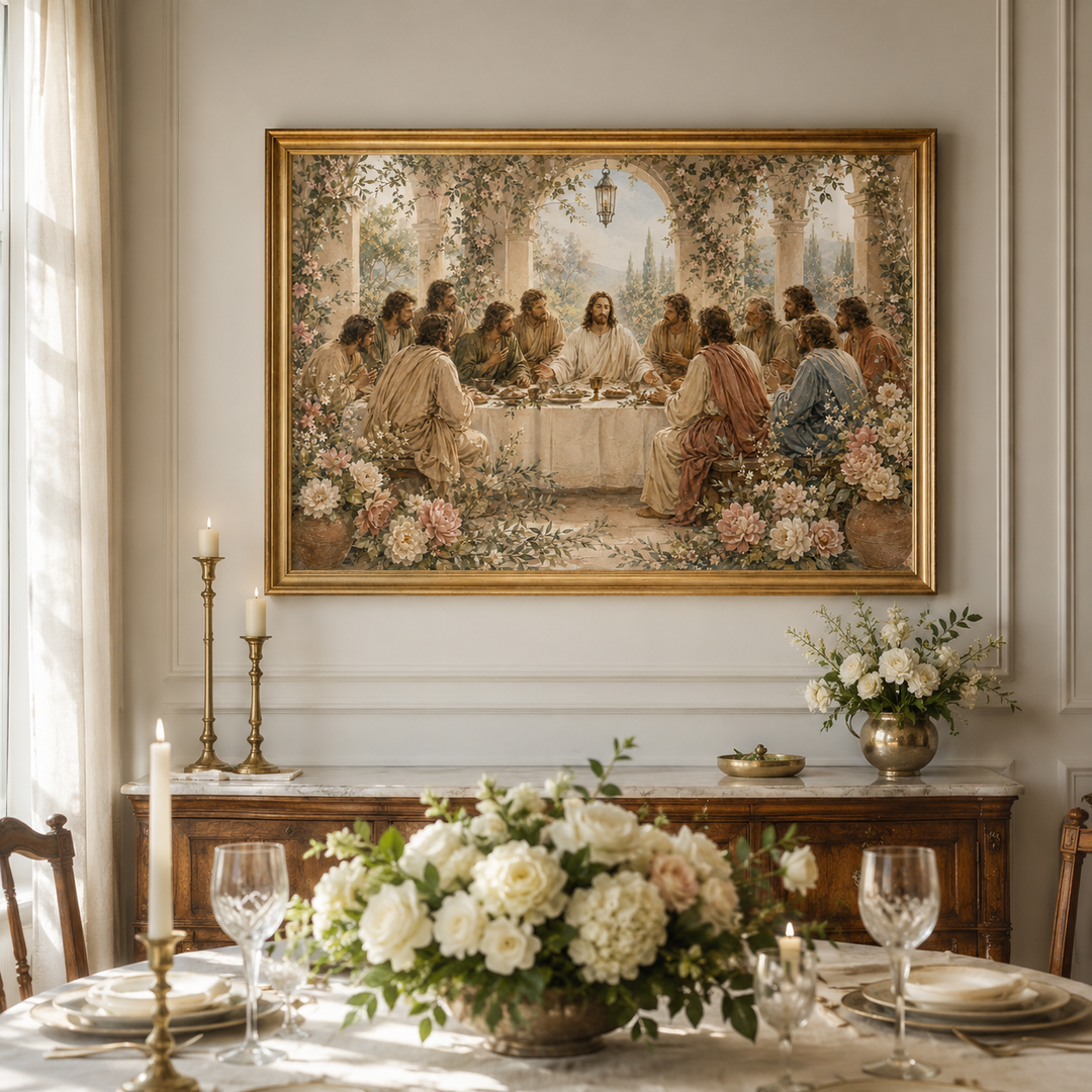 Framed Botanical Last Supper Christian wall art displayed in a softly styled interior.