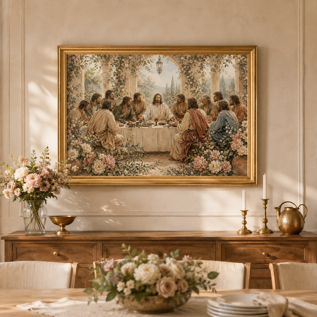 Botanical Last Supper art print shown as elegant Christian home decor.