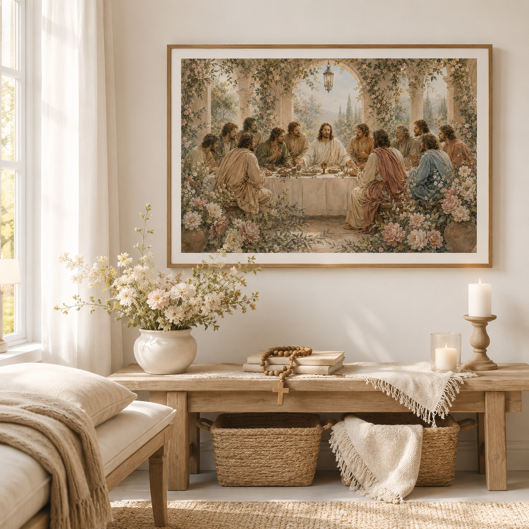 Christian Last Supper wall art displayed above furniture in a peaceful interior.