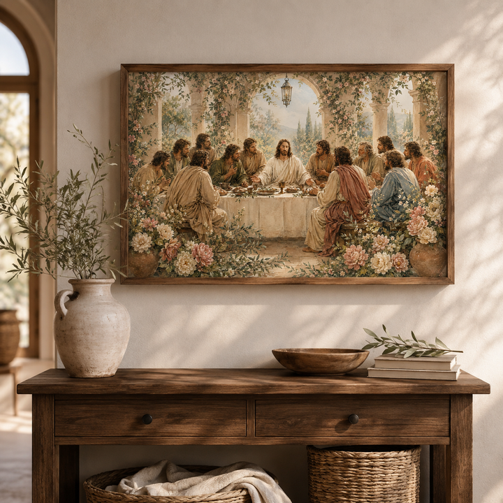 Botanical Last Supper Christian print displayed in a calm devotional space.