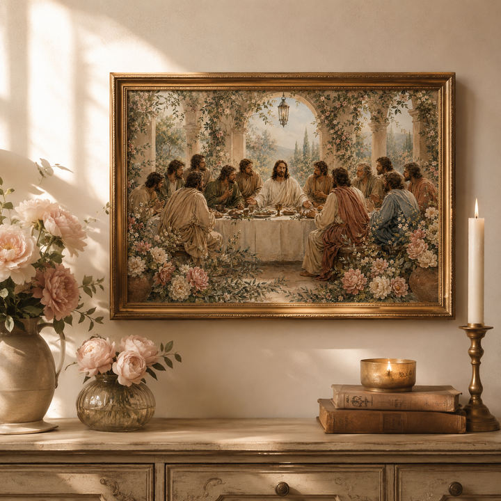 Botanical Last Supper poster styled as reverent dining room wall decor.