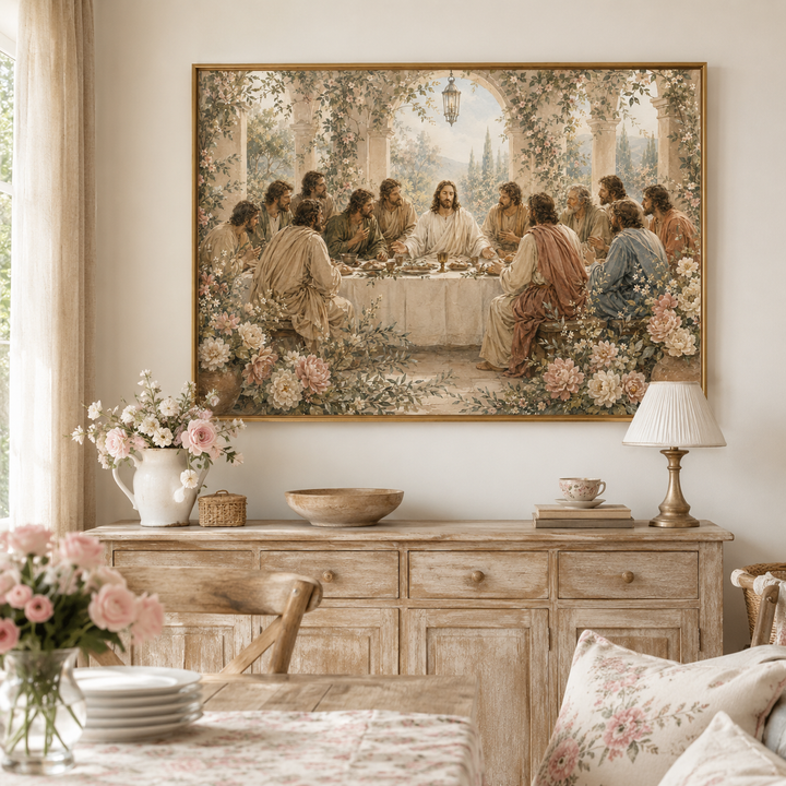 Framed Botanical Last Supper artwork in a bright sacred home interior.