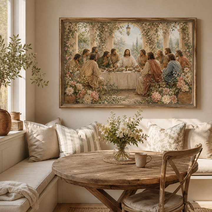 Botanical Last Supper wall art styled for a prayer room, study, or church office.