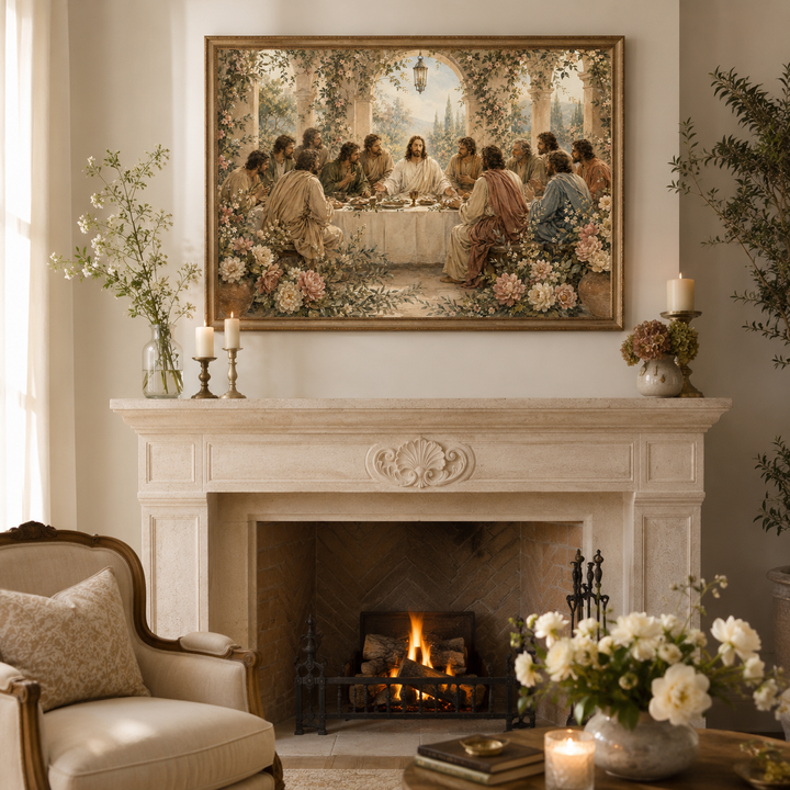 Botanical Last Supper Christian wall art displayed as framed dining room decor.