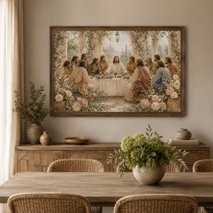 Botanical Last Supper framed poster shown as elegant Christian home wall decor.