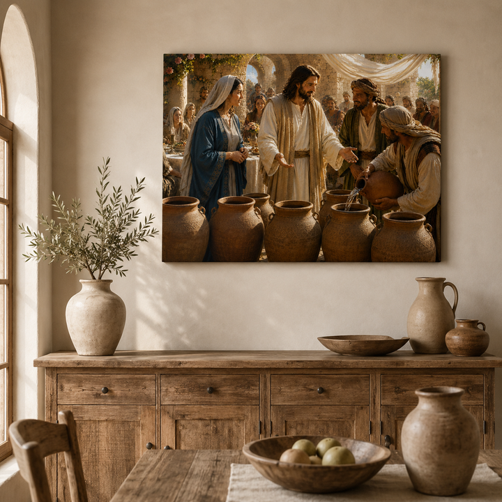 Jesus turns water into wine biblical canvas wall art