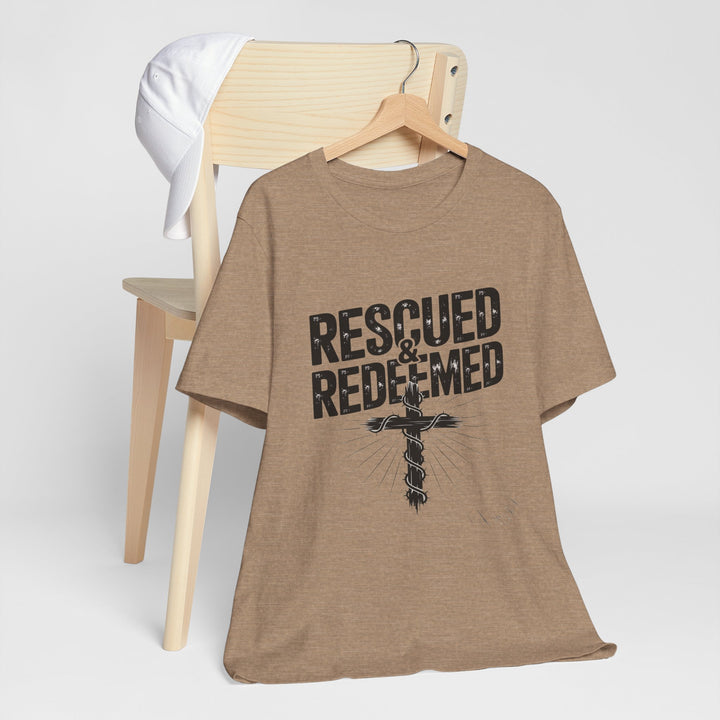 Faith-Inspired Unisex Jersey Tee - Rescued & Redeemed, Christian T-Shirt, Inspirational Apparel, Gift for Believers, Casual Wear
