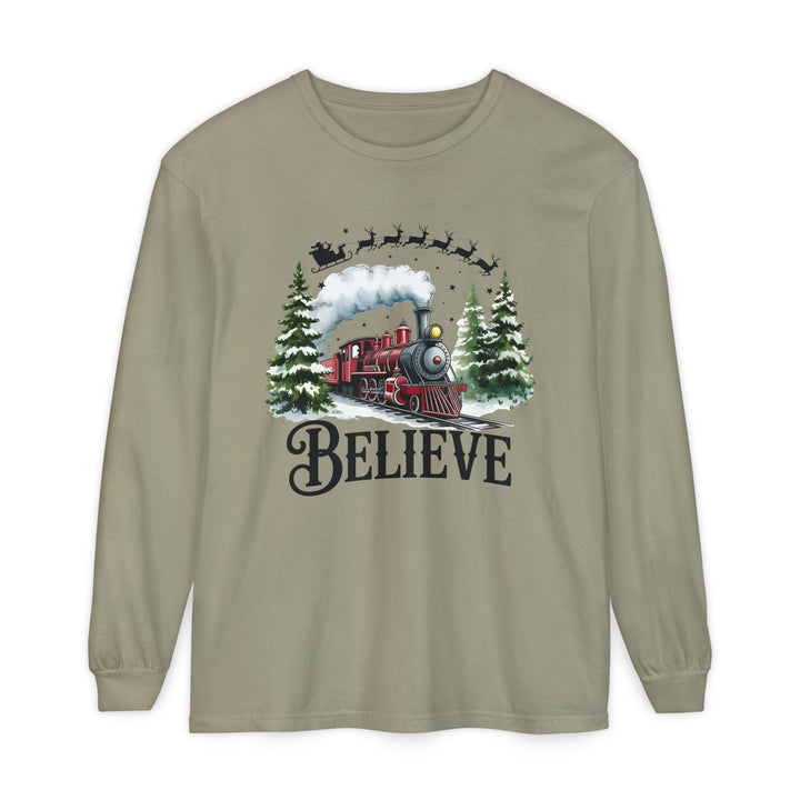 Believe Santa Train Long Sleeve Tee, Cozy Gift for Christmas, Unisex Shirt, Holiday Apparel, Festive Outfit, Winter Wear, Seasonal T-Shirt