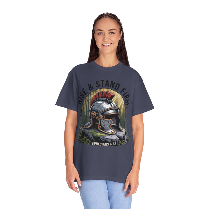 Faithful Warrior Unisex T-shirt - Rise & Stand Firm with Roman Helmet Design