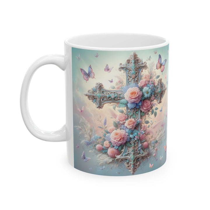 Faith & Beauty Cross Floral Mug – Christian Coffee Cup with Butterflies