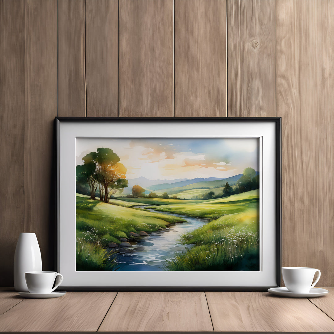 Still Waters – Watercolor Landscape Print Inspired by Psalm 23
