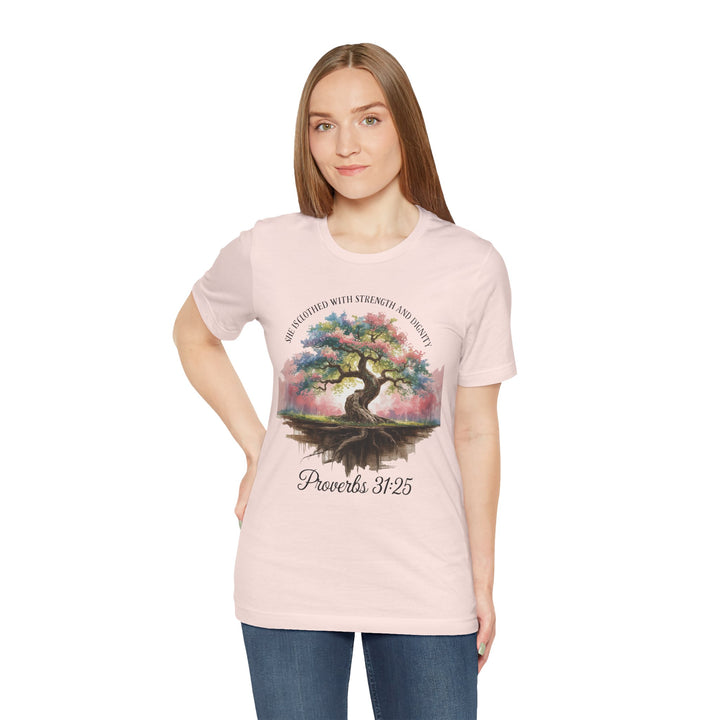 Tree of Life Tee Shirt - She Is Clothed with Strength and Dignity Proverbs 31:25 Watercolor Design