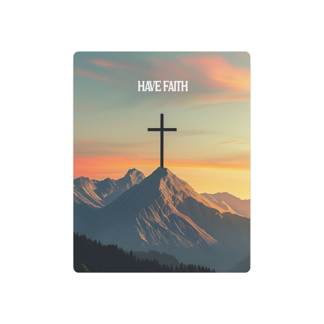 Cross on a mountain peak with 'HAVE FAITH' text against a sunset sky