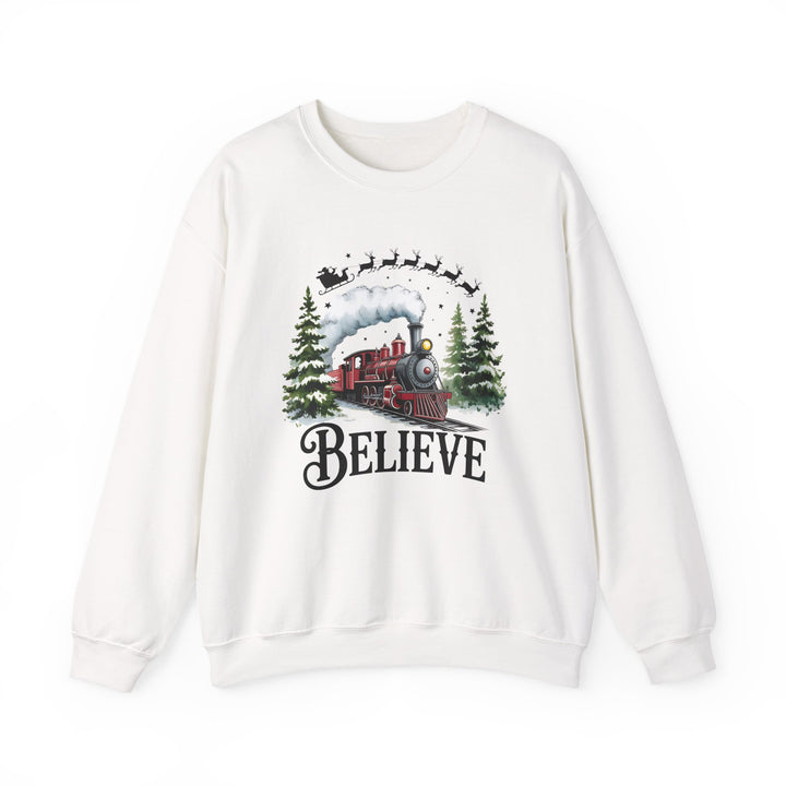 Believe Train Sweatshirt, Cozy Winter Crewneck, Christmas Gift, Holiday Apparel, Unisex Fleece