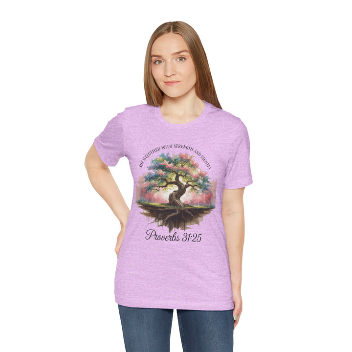 Tree of Life Tee Shirt - She Is Clothed with Strength and Dignity Proverbs 31:25 Watercolor Design