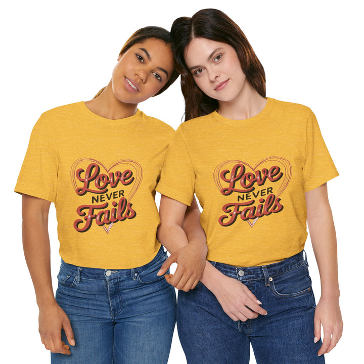 Love Never Fails – 1 Corinthians 13 Retro Heart T-Shirt