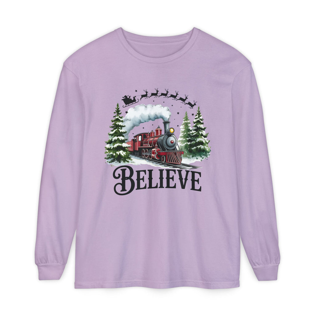 Believe Santa Train Long Sleeve Tee, Cozy Gift for Christmas, Unisex Shirt, Holiday Apparel, Festive Outfit, Winter Wear, Seasonal T-Shirt