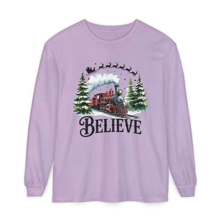 Believe Santa Train Long Sleeve Tee, Cozy Gift for Christmas, Unisex Shirt, Holiday Apparel, Festive Outfit, Winter Wear, Seasonal T-Shirt