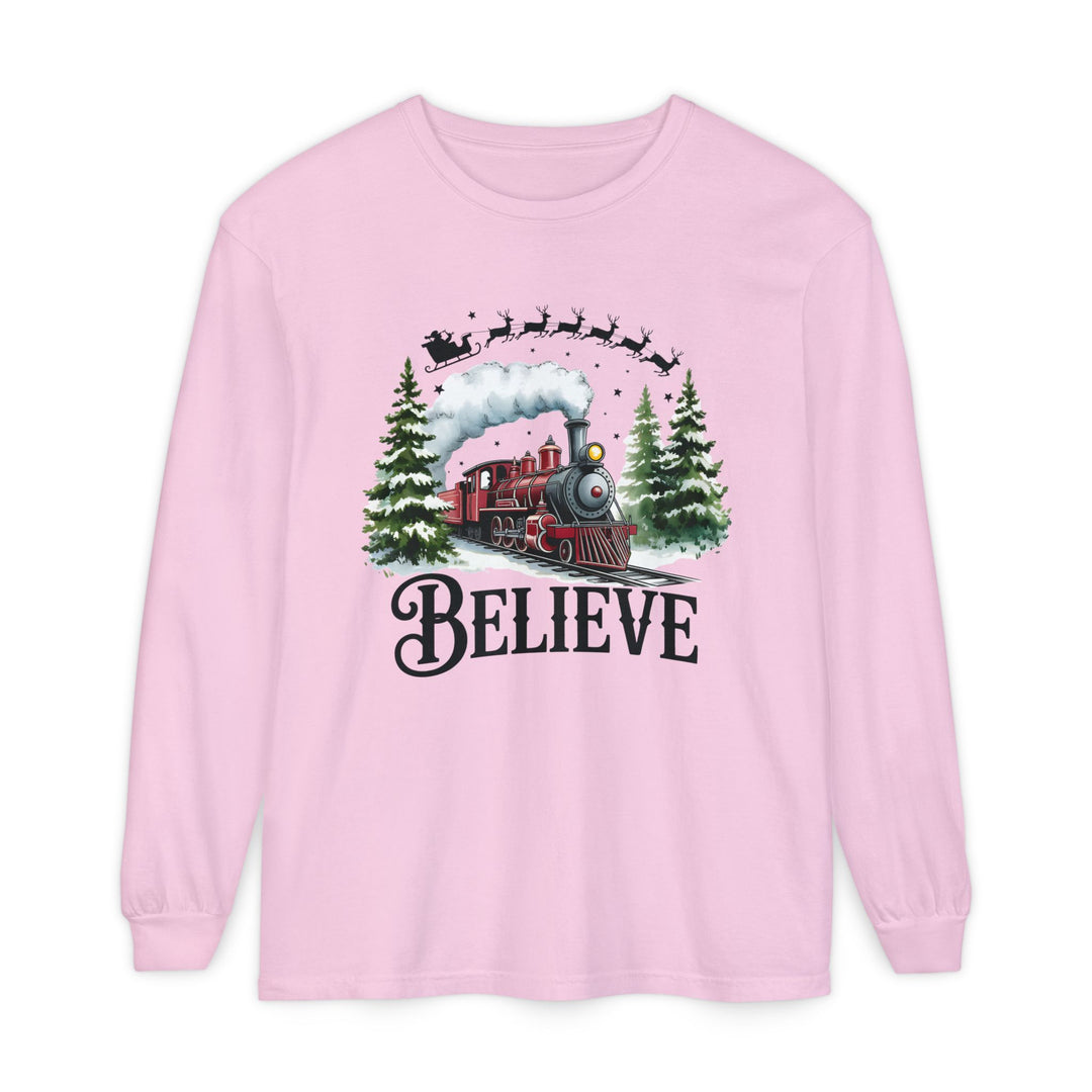 Believe Santa Train Long Sleeve Tee, Cozy Gift for Christmas, Unisex Shirt, Holiday Apparel, Festive Outfit, Winter Wear, Seasonal T-Shirt