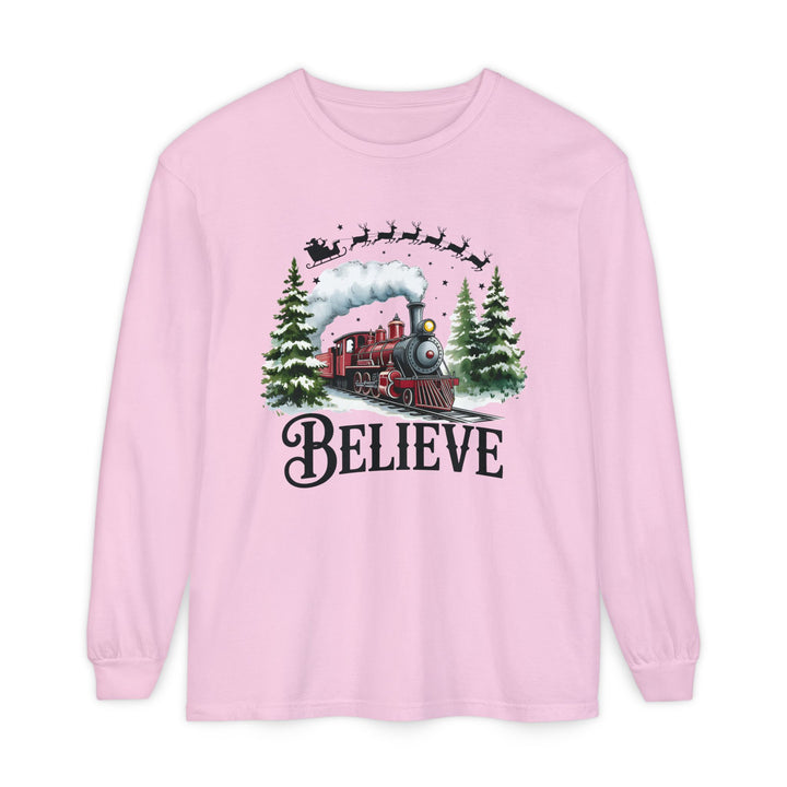 Believe Santa Train Long Sleeve Tee, Cozy Gift for Christmas, Unisex Shirt, Holiday Apparel, Festive Outfit, Winter Wear, Seasonal T-Shirt