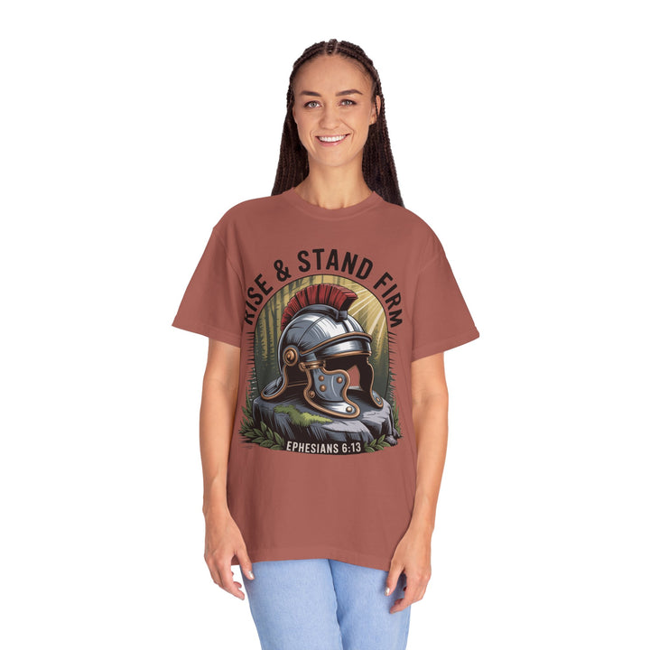Faithful Warrior Unisex T-shirt - Rise & Stand Firm with Roman Helmet Design