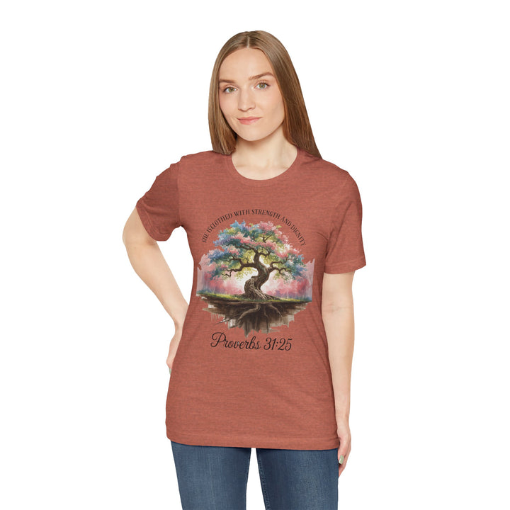 Tree of Life Tee Shirt - She Is Clothed with Strength and Dignity Proverbs 31:25 Watercolor Design