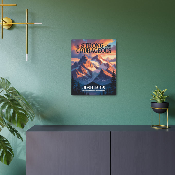"Be Strong and Courageous - Joshua 1:9" - Mountain Sunrise Metal Wall Art