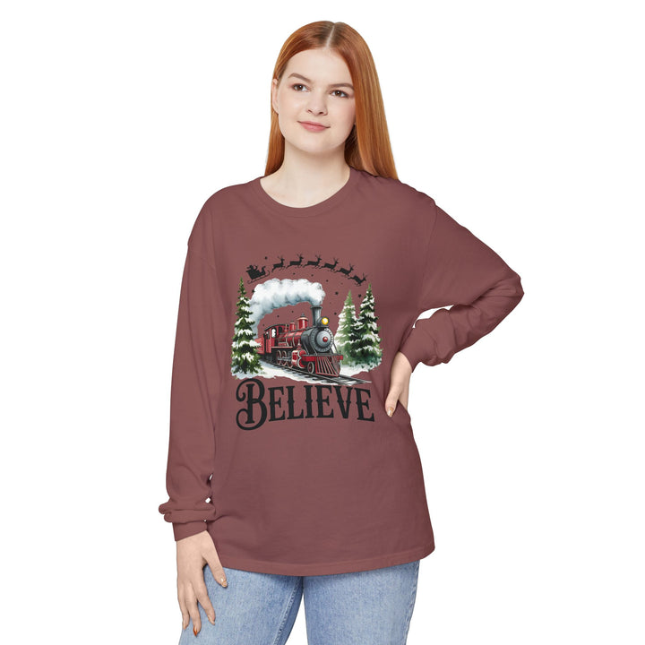 Believe Santa Train Long Sleeve Tee, Cozy Gift for Christmas, Unisex Shirt, Holiday Apparel, Festive Outfit, Winter Wear, Seasonal T-Shirt