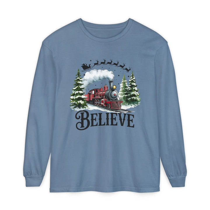 Believe Santa Train Long Sleeve Tee, Cozy Gift for Christmas, Unisex Shirt, Holiday Apparel, Festive Outfit, Winter Wear, Seasonal T-Shirt