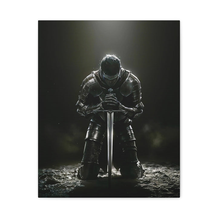 Kneeling Knight Matte Canvas Print — Dark Medieval Armor Sword Wall Art