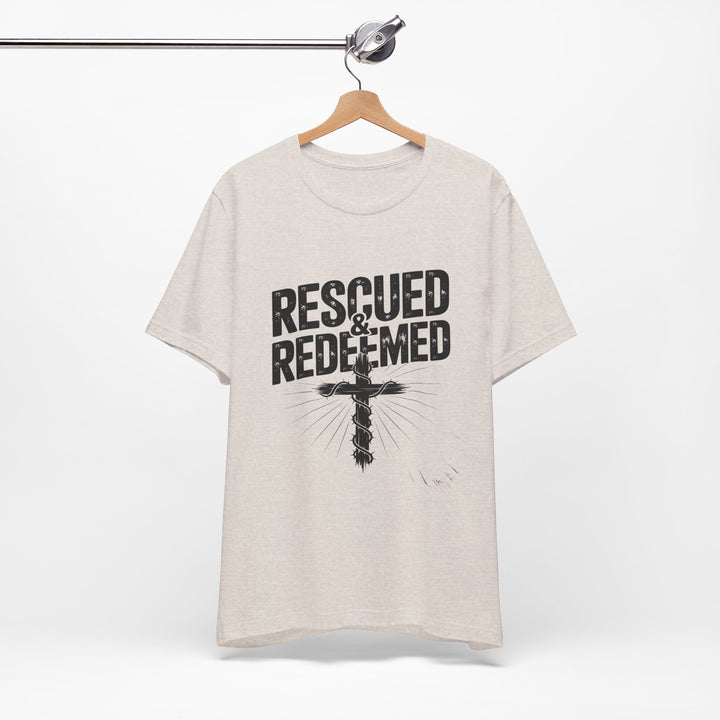 Faith-Inspired Unisex Jersey Tee - Rescued & Redeemed, Christian T-Shirt, Inspirational Apparel, Gift for Believers, Casual Wear