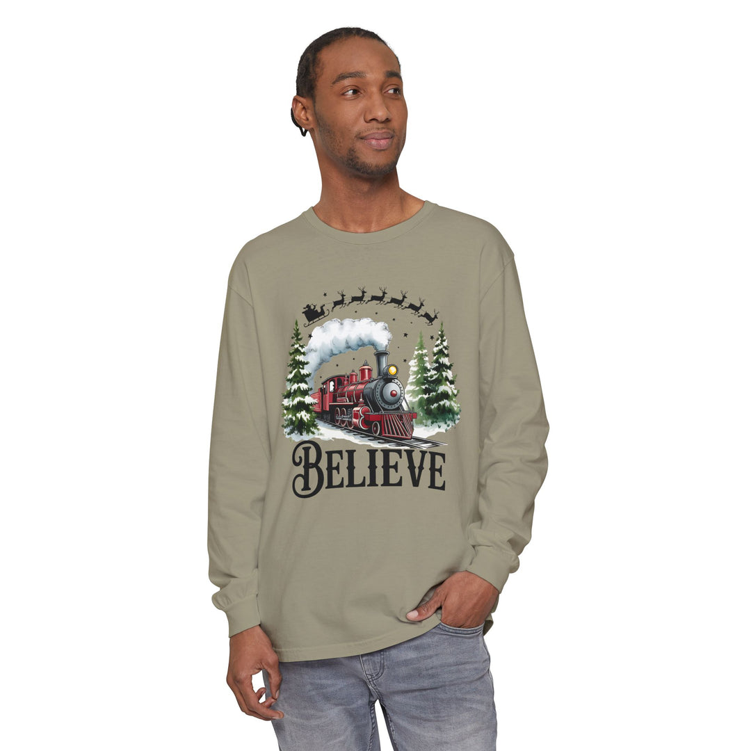 Believe Santa Train Long Sleeve Tee, Cozy Gift for Christmas, Unisex Shirt, Holiday Apparel, Festive Outfit, Winter Wear, Seasonal T-Shirt