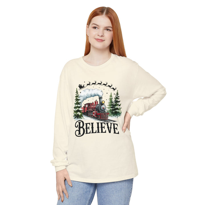 Believe Santa Train Long Sleeve Tee, Cozy Gift for Christmas, Unisex Shirt, Holiday Apparel, Festive Outfit, Winter Wear, Seasonal T-Shirt