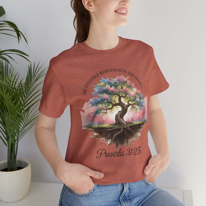 Tree of Life Tee Shirt - She Is Clothed with Strength and Dignity Proverbs 31:25 Watercolor Design