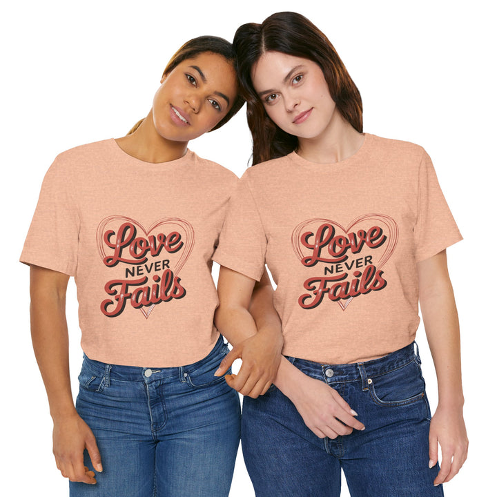 Love Never Fails – 1 Corinthians 13 Retro Heart T-Shirt