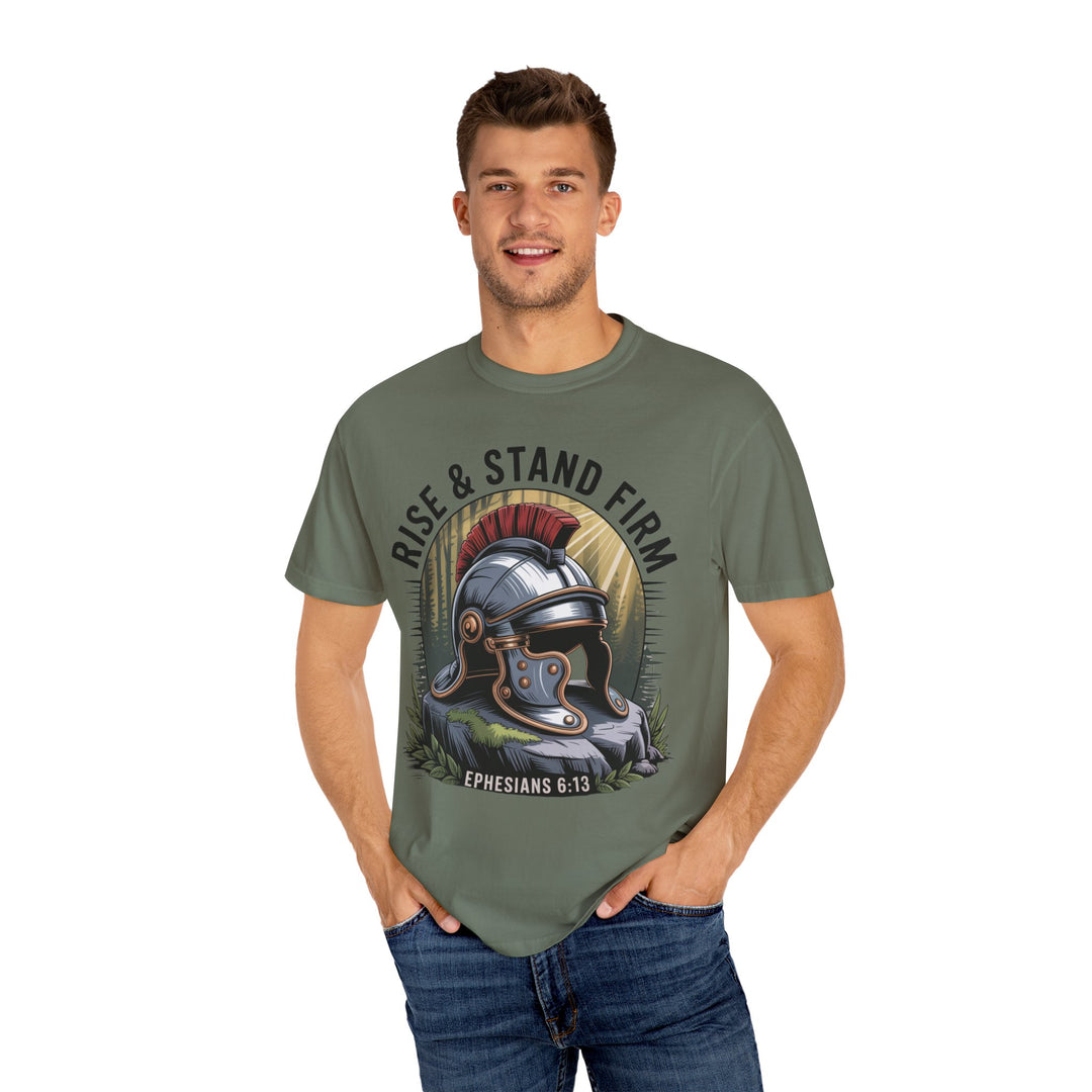 Faithful Warrior Unisex T-shirt - Rise & Stand Firm with Roman Helmet Design