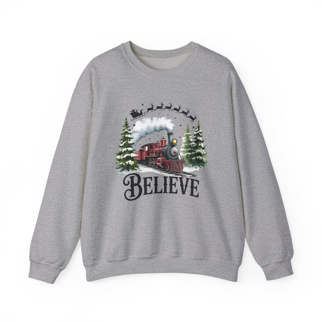 Believe Train Sweatshirt, Cozy Winter Crewneck, Christmas Gift, Holiday Apparel, Unisex Fleece