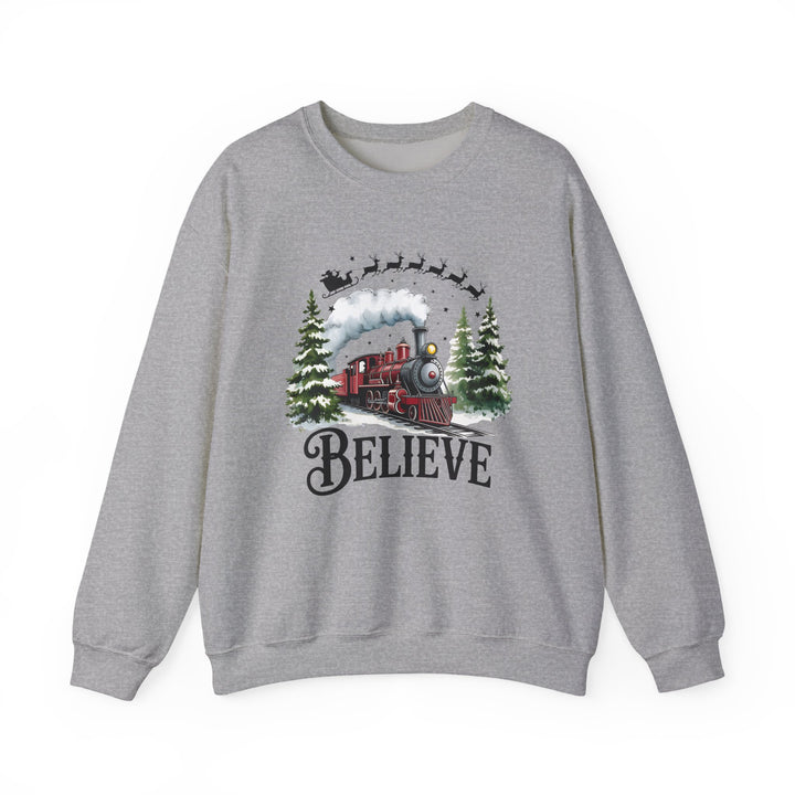Believe Train Sweatshirt, Cozy Winter Crewneck, Christmas Gift, Holiday Apparel, Unisex Fleece