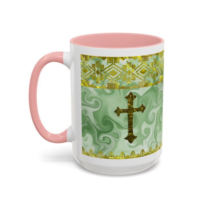 Gold Cross on Mint Marble – Elegant Christian Mug