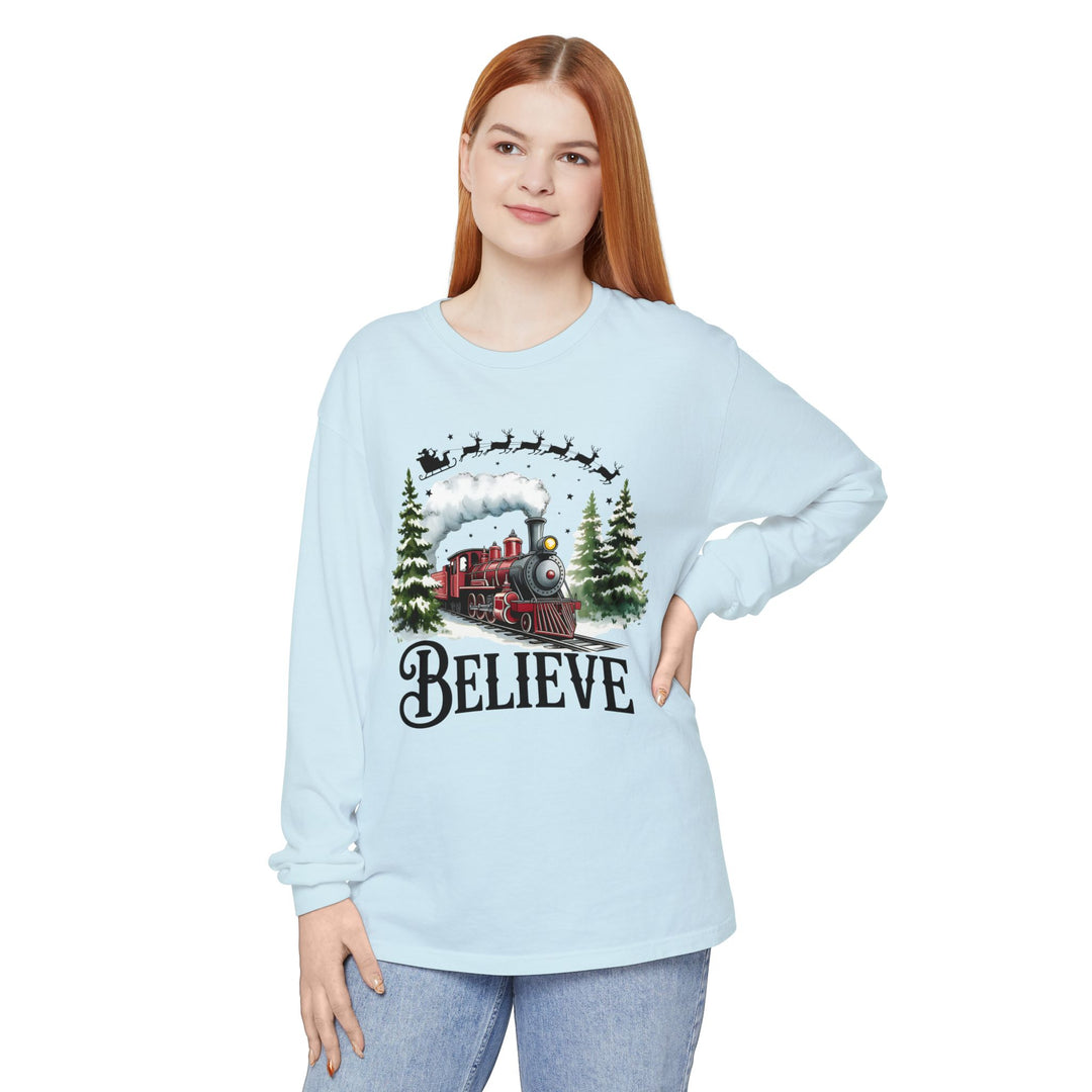 Believe Santa Train Long Sleeve Tee, Cozy Gift for Christmas, Unisex Shirt, Holiday Apparel, Festive Outfit, Winter Wear, Seasonal T-Shirt