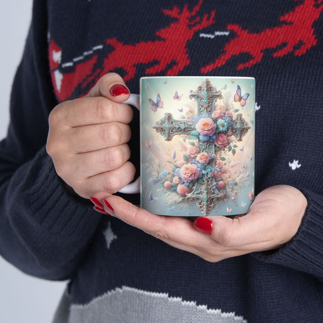 Faith & Beauty Cross Floral Mug – Christian Coffee Cup with Butterflies