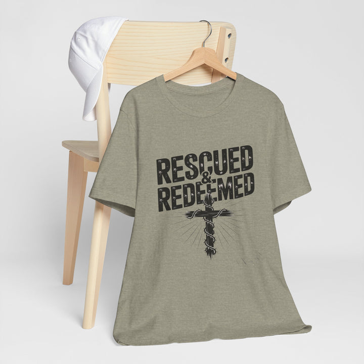 Faith-Inspired Unisex Jersey Tee - Rescued & Redeemed, Christian T-Shirt, Inspirational Apparel, Gift for Believers, Casual Wear