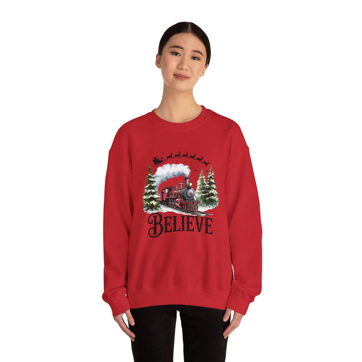 Believe Train Sweatshirt, Cozy Winter Crewneck, Christmas Gift, Holiday Apparel, Unisex Fleece