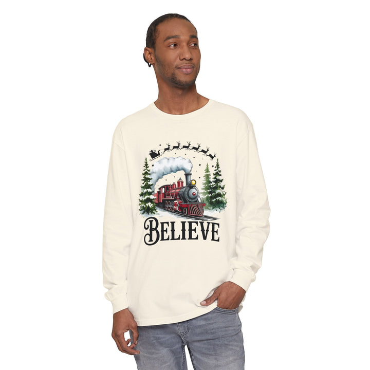 Believe Santa Train Long Sleeve Tee, Cozy Gift for Christmas, Unisex Shirt, Holiday Apparel, Festive Outfit, Winter Wear, Seasonal T-Shirt